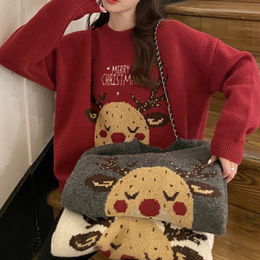 Reindeer Knit Sweater Women Autumn Winter Outerwear Loose Lazy Style Korean New Year Stylish Top Christmas Red
