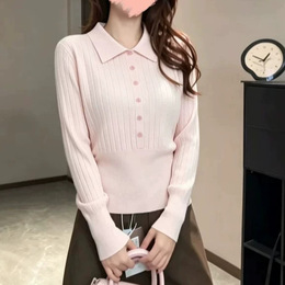 Korean-style lapel long-sleeve knit sweater women's spring autumn new fashion slimming versatile age-reducing sweet cinched-waist top trendy