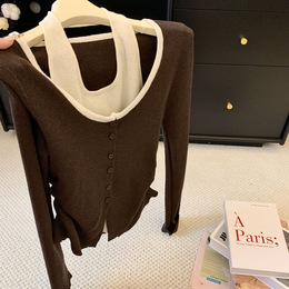 Autumn and winter new color-block spliced halterneck faux two-piece knit cardigan women's Korean style versatile slimming elegant top trendy